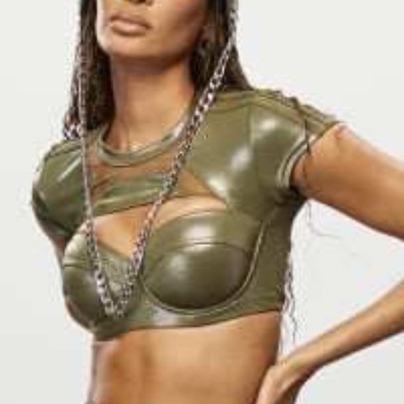 Adidas Ivy Park  | Metallic Olive Green Swim Top with Cut Out & Open Mes… - Picture 14 of 14